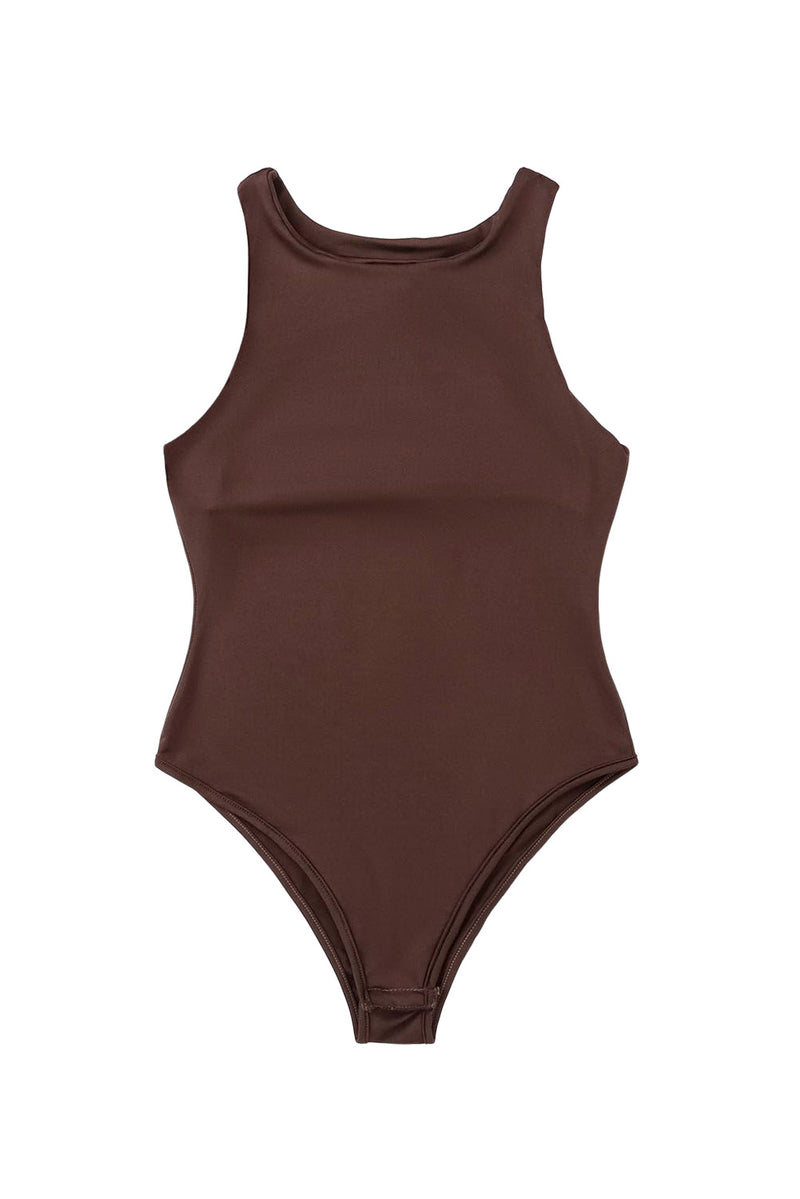 Brown Solid Crew Neck Sleeveless Bodysuit