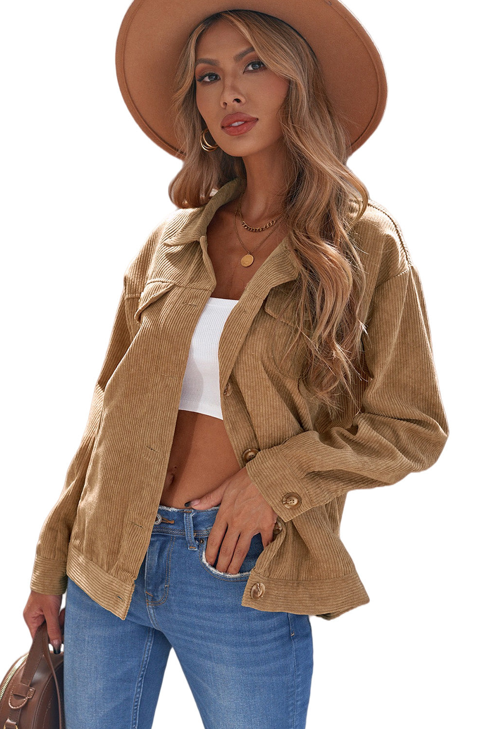 Khaki Ribbed Corduroy Long Sleeve Jacket with Pocket