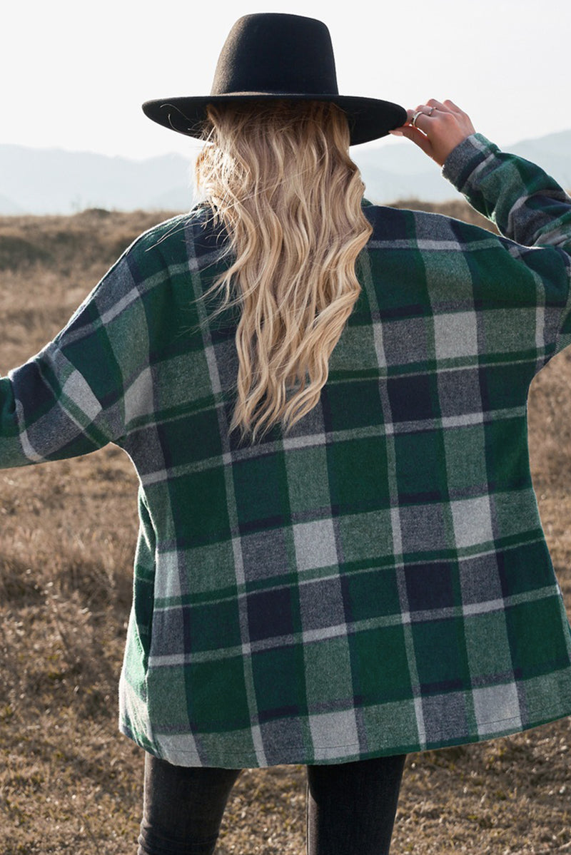 Green Plaid Print Buttoned Shirt Jacket