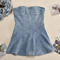 Women Stretch Denim Washed Wrap Backless Ruffle Dress Sexy Zipper Dress Elegant Blue Jeans Skater Party Dress for Female 2024