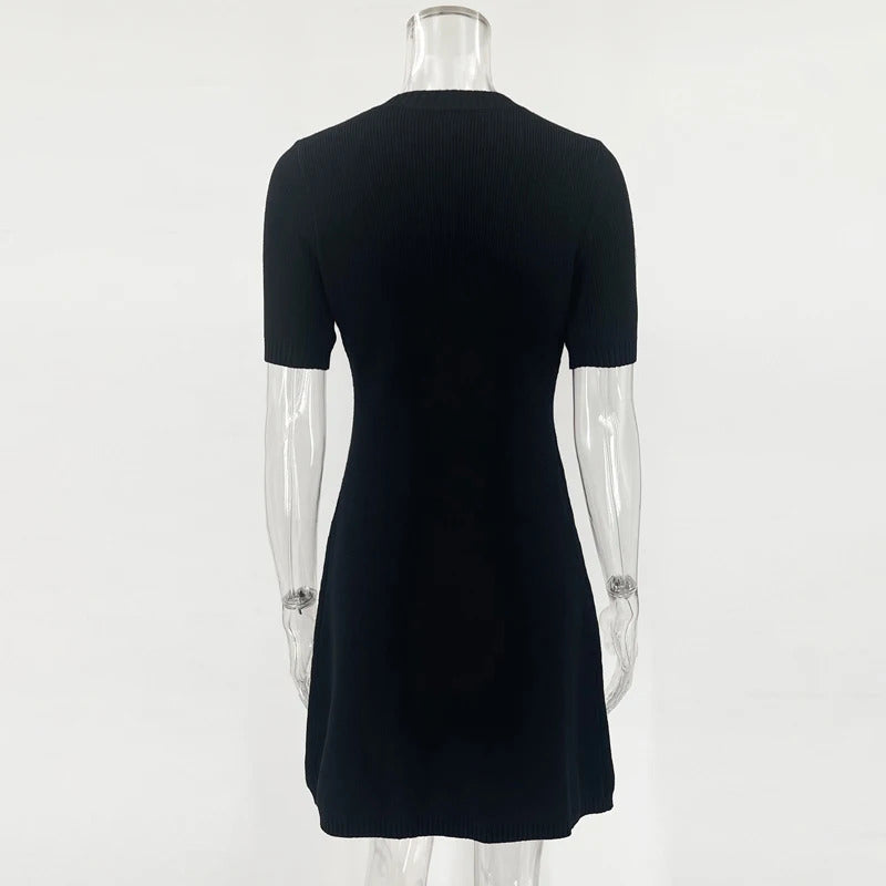 Elegant White Knitted Mini Dress Women Sexy Slim Fit Ribbed Knit Dress Metal Button Short Sleeve Holiday Party Mini Dress