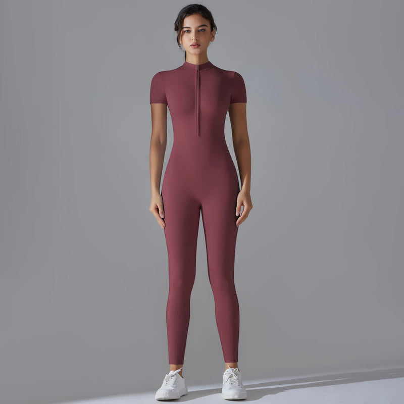 Yoga Set Women's Jumpsuits One-Piece Suit Zipper Short Sleeve Gym Push Up Workout Clothes Fitness Bodysuit Sportswear Tracksuit