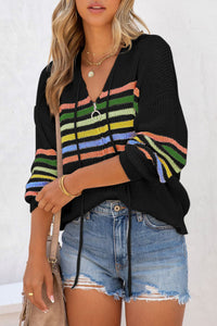 Black Striped Detail Zip Up Hooded Sweater Cardigan