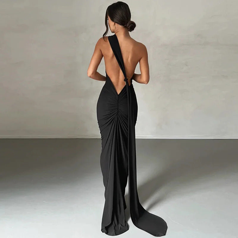 Mozision Oblique Shoulder Backless Maxi Dress For Women Gown Summer Back Strap Sleeveless Ruched Party Sexy Long Dress Vestidos