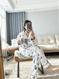 100% Cotton Pajamas for Women Loose Cartoon Long Sleeve Pants Loungewear Women 2 Piece Set Pj Women Outfit Sleepwear Set Pijamas