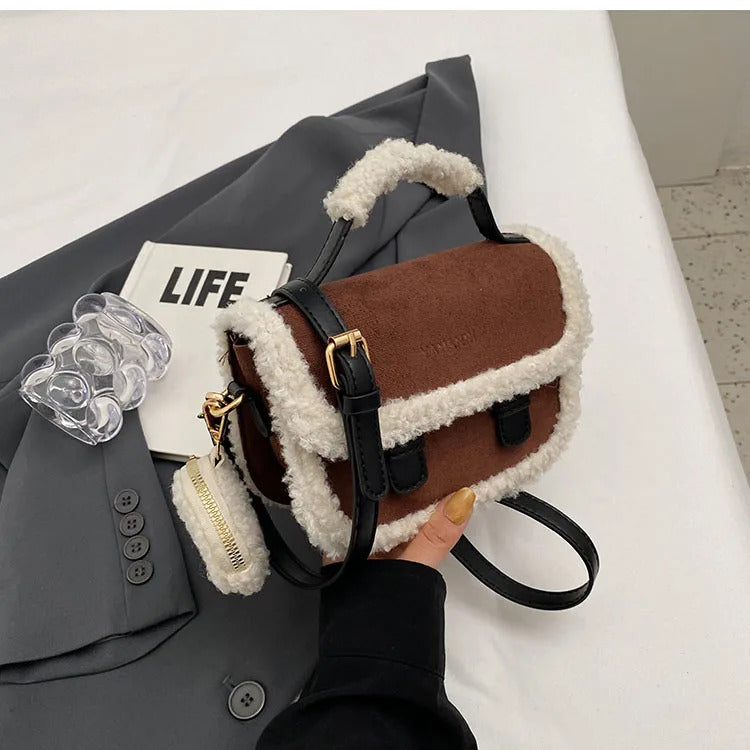 2023 Winter New Women's Plush Small Square Bag Color Contrast Design Single Shoulder Crossbody Bag Brown Handbag