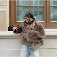 Lapel Brown Women Short Faux Fur Coat Luxurious Fluffy Long Sleeve Warm Jacket 2024 Autumn Winter Lady Solid High Street Outwear