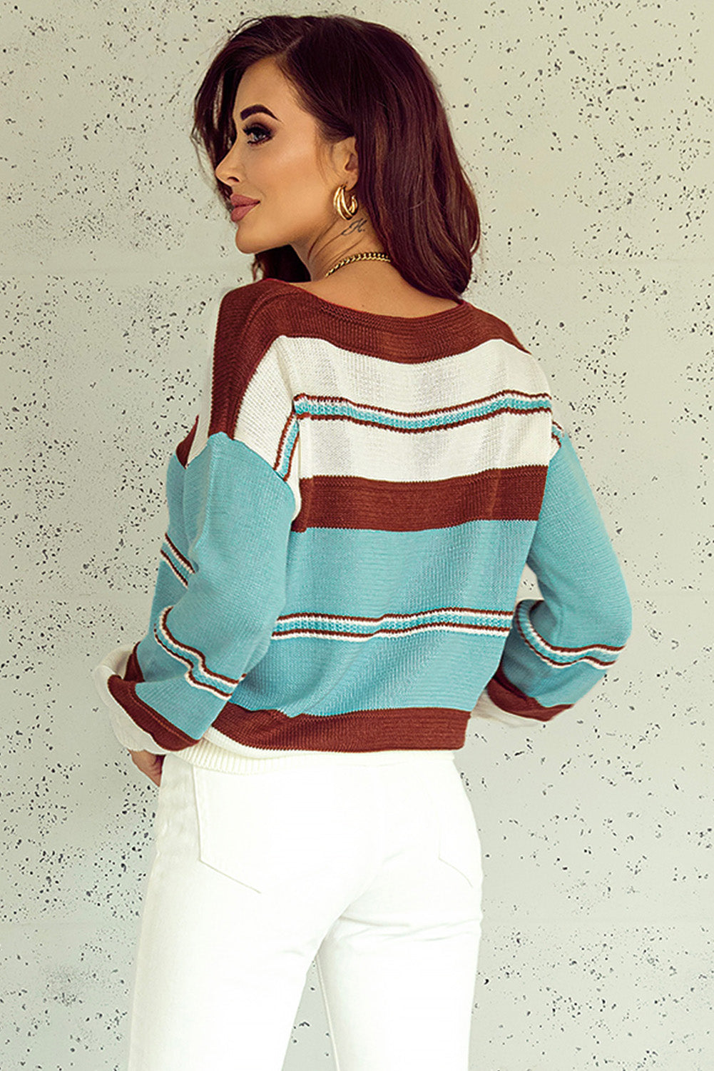 Coffee Striped Pattern Knit V Neck Sweater