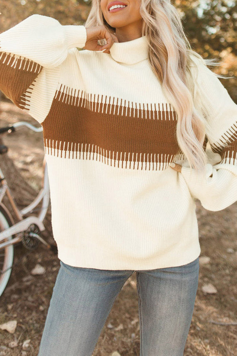 White Printed Patchwork Turtle Neck Knitted Sweater