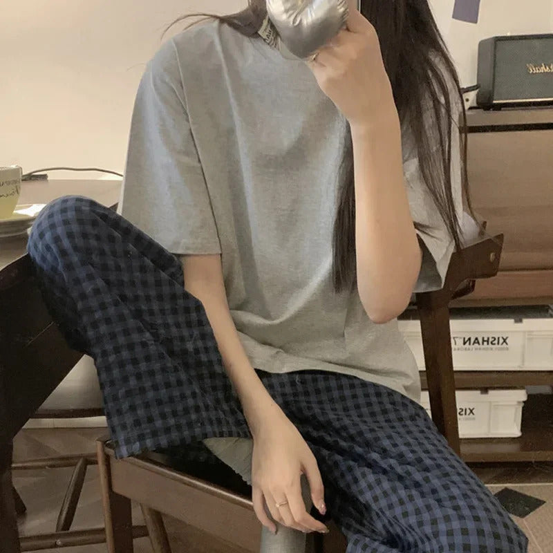 Women's Loose Round Neck Cute Kitty Homewear Pajamas Women's Simple Leisure Long Sleeve Long Pants Two-piece Suit Pajamas  Women