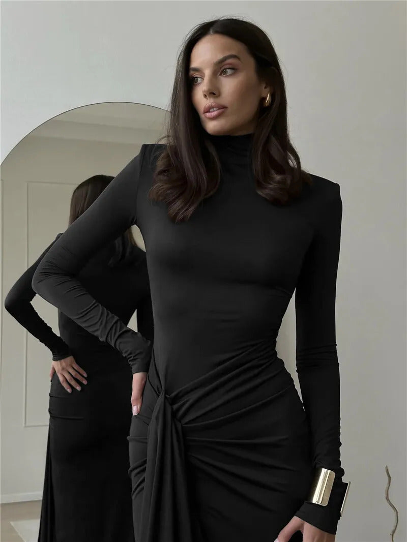 Mozision Turtleneck Thigh High Split Sexy Maxi Dress For Women Fashion Long Sleeve Draped Bandage Bodycon Club Long Dress