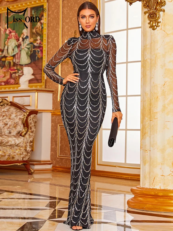 Missord Wave Sequin Party Dresses Elegant Women High Neck Long Sleeves See Though Bodycon Evening Prom Dress With Line Long Gown