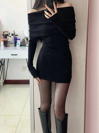 Sexy Dresses Women Backless Knitting Slim Y2k Girls Tender Korean Style Soft Casual Autumn Slash Neck Hotsweet Cozy New Clubwear