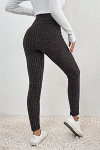 Dark Grey Wide Waistband Ribbed Textured Knit Leggings