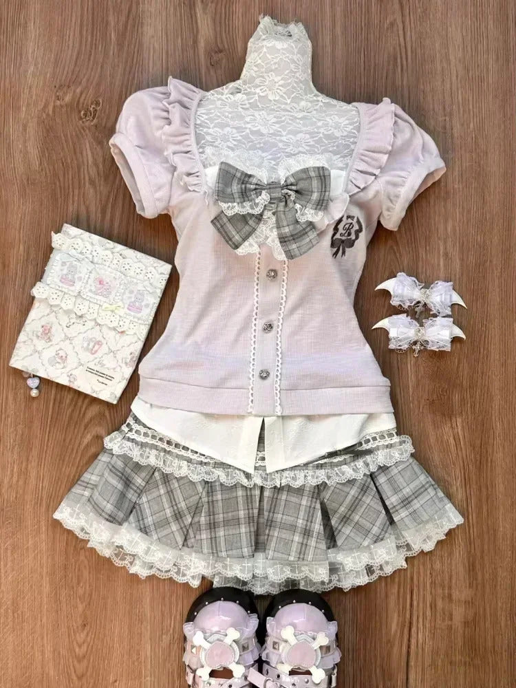 Japanese Sweet Preppy Style Skirt Set Women Kawaii Lace Patchwork Bow Tops + Y2k Plaid Mini Skirt Elegant Outifits 2 Piece Set