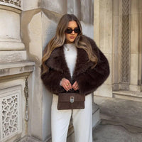 Brown Lapel Faux Fur Short Coat Women Fluffy Long Sleeve Warm Thick Loose Jacket 2024 Autumn Winter Lady High Street Outwear ﻿