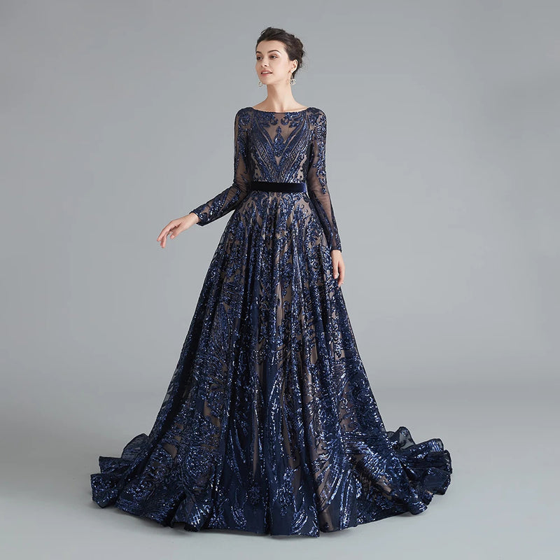 Dubai A-Line Luxury Wedding Evening Dress for Women Muslim 2024 Long Sleeves Sequin Plus Size Formal Prom Party Gown Customized