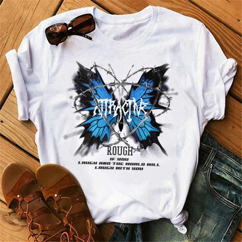 Women's Butterfly Tree Print Harajuku T-Shirt Round Neck Top Short Sleeve Casual Summer Tee Shirt