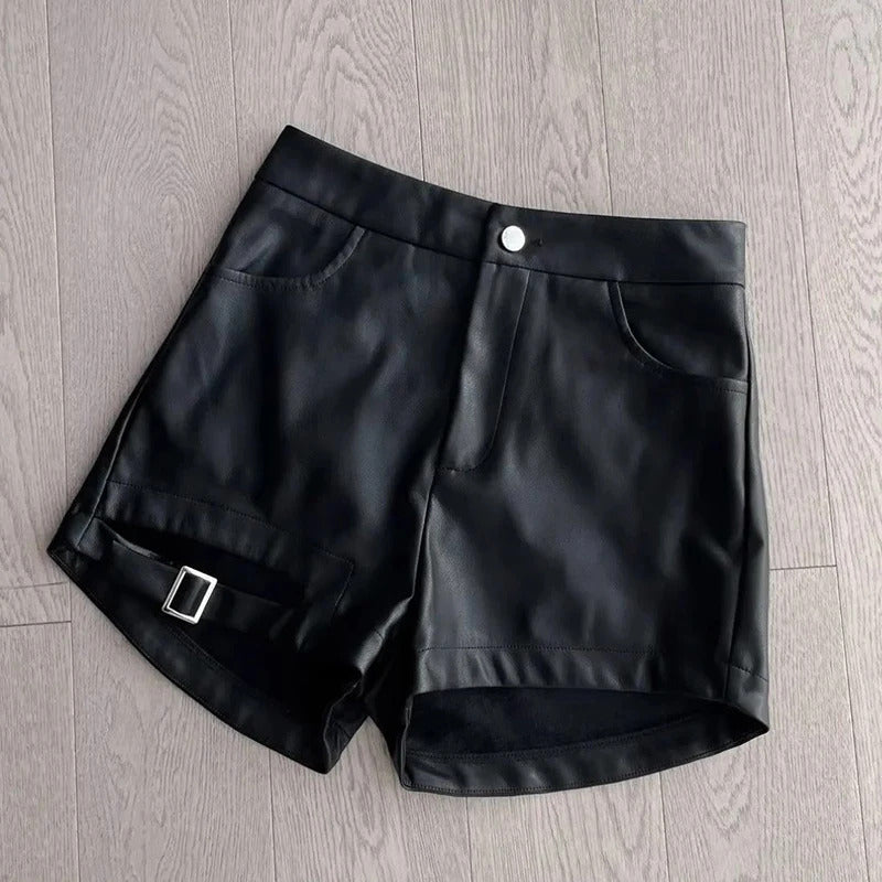 Women's High Waist Shorts High Waisted PU Leather Versatile Hot Shorts Hollow out Buckle Slim Sexy Shorts