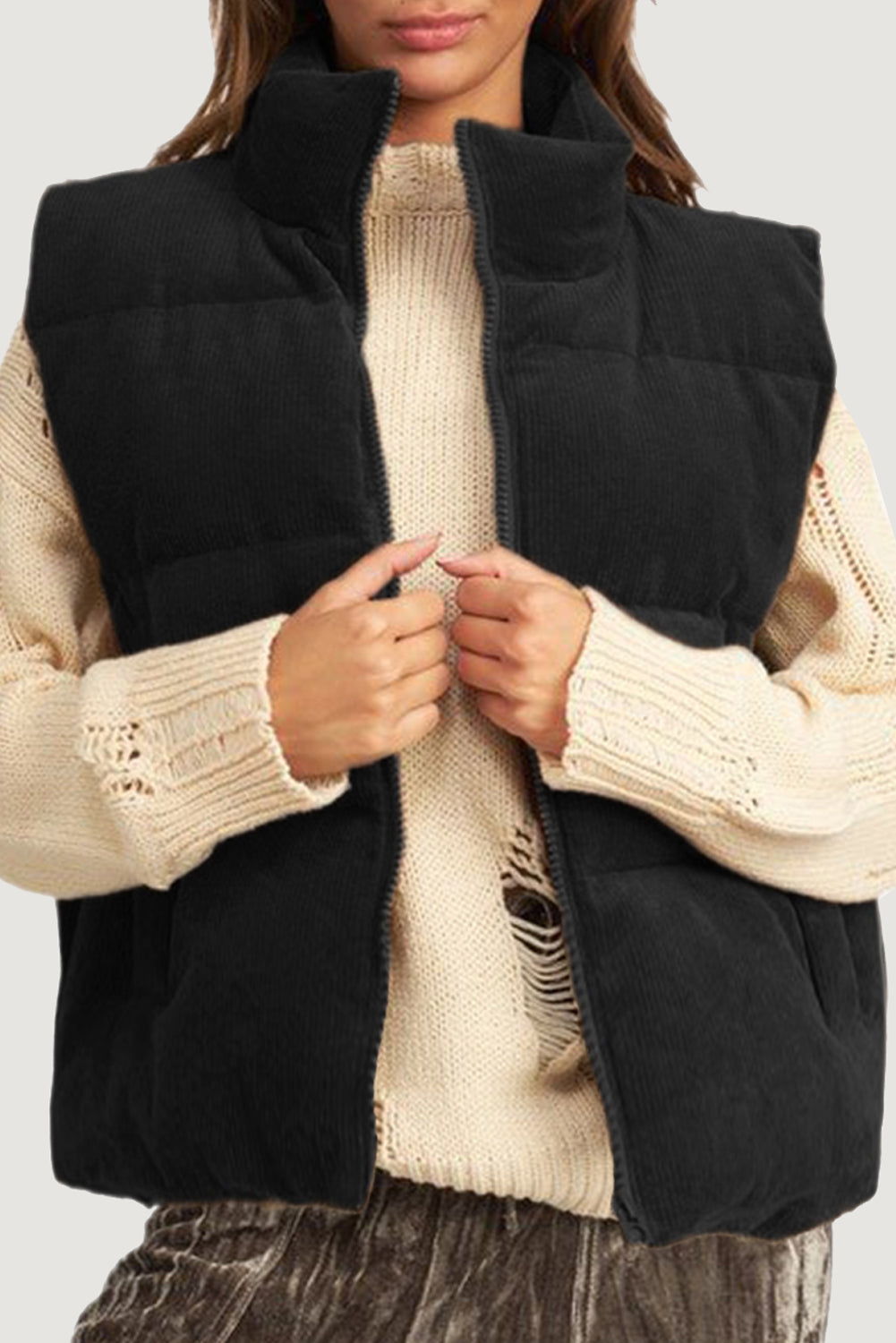 Black Corduroy Stand Neck Zipped Puffer Vest