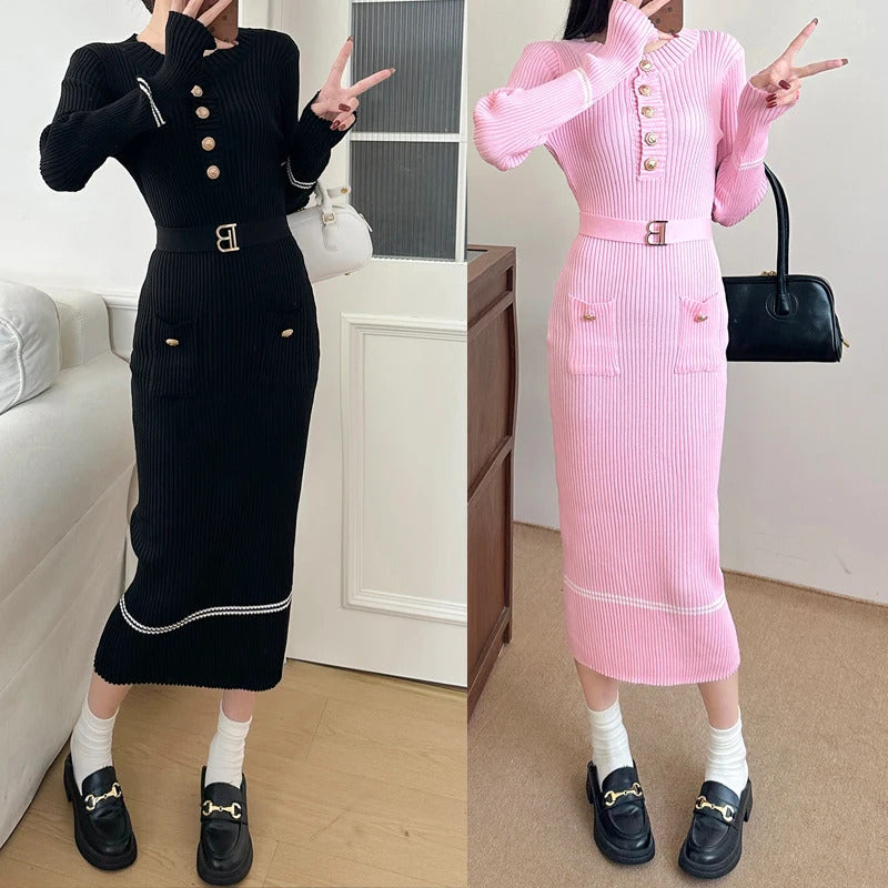 YuooMuoo 2024 Autumn Winter Women Knitted Dress Brand Fashion O-neck Buttons Bodycon Sweater Dress with Belt Lady Office Dress