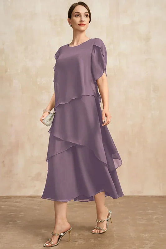 Temperament Chiffon Mother Of The Bride Dress Irregular Layered Hem Short Sleeve Maxi Dress Party Wedding Guest Dress Plus Size