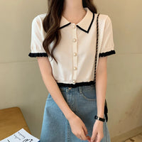 Sweet Women Shirt Korean Knitted Turn Down Collar Chic Short Sleeve Female Blouse Summer Retro Slim All Match Ladies Crop Tops