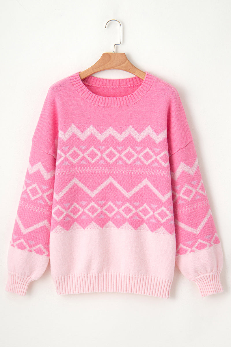 Pink Western Aztec Geometric Drop Shoulder Sweater