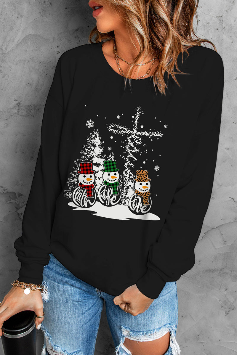 Black Christmas Snowman Graphic Print Pullover Sweatshirt