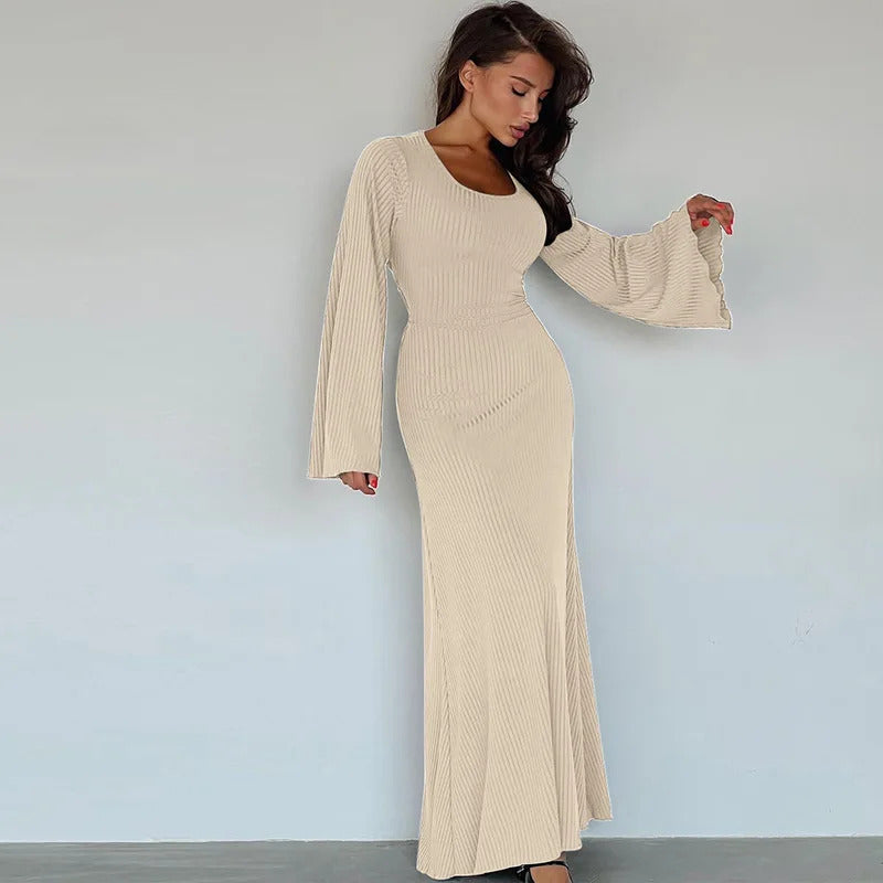 Long Flare Sleeved Maxi Floor-Length Dress Summer Solid Fashion Casual Office Lady Dresses for Women Slim Sexy Lace-up Vestidos