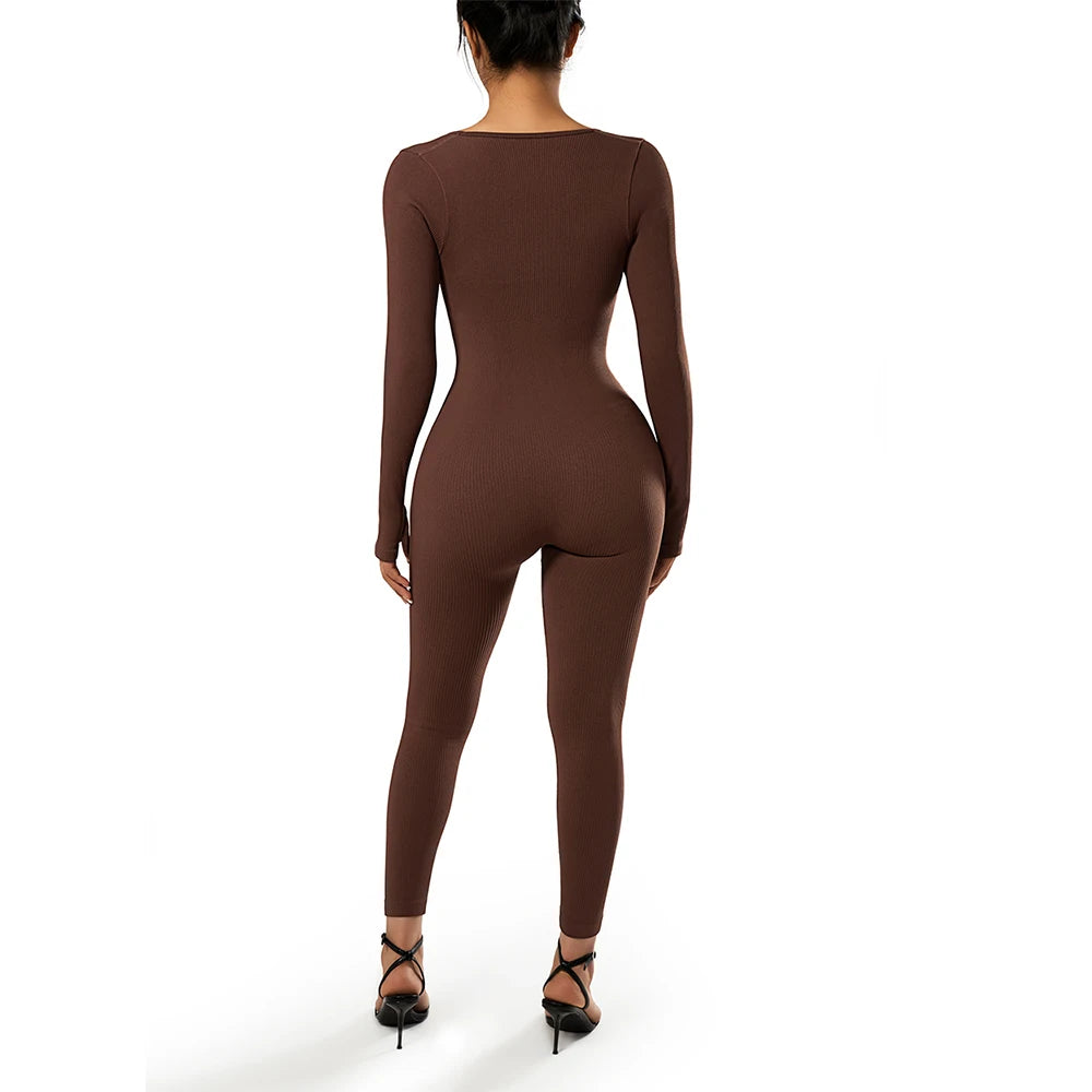 Bodycon Slim Jumpsuit For Women‘s Clothing Zipper Casual Brown Fitness Rompers Autumn 2024 Playsuit Activity Streetwear Overall