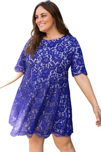 Blue Floral Lace Nude Illusion Plus Size Skater Dress