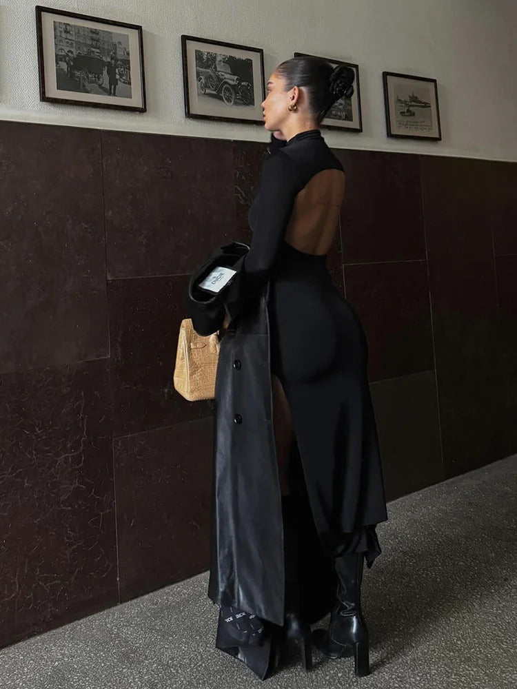 Women Black Solid Casual High Slit Long Sleeve Backless Maxi Dress Sexy Bodycon Half High Neck Streetwear Female Long Dresses