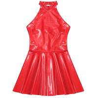 Womens Latex Swing Skirt Disco Dress Glossy Patent Leather Clubwear Halter Sleeveless Skater Mini Dress Rave Party Clubwear