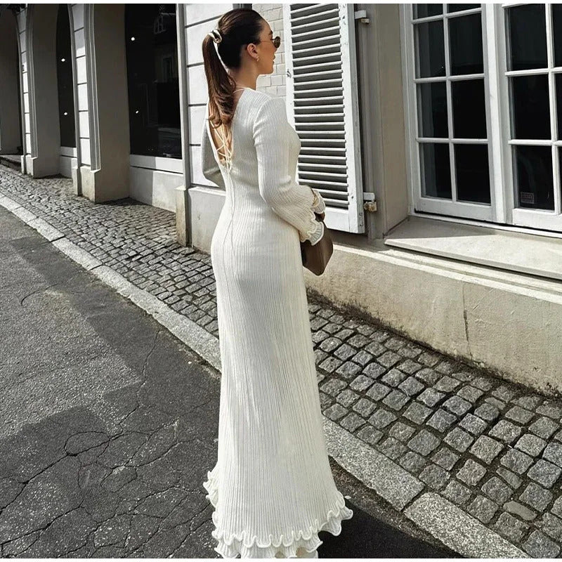 Women Elegant Ruffle Hem Knit White Long Dress O-neck Flare Long Sleeve Backless Bandage Dresses 2024 New Evening Party Robes