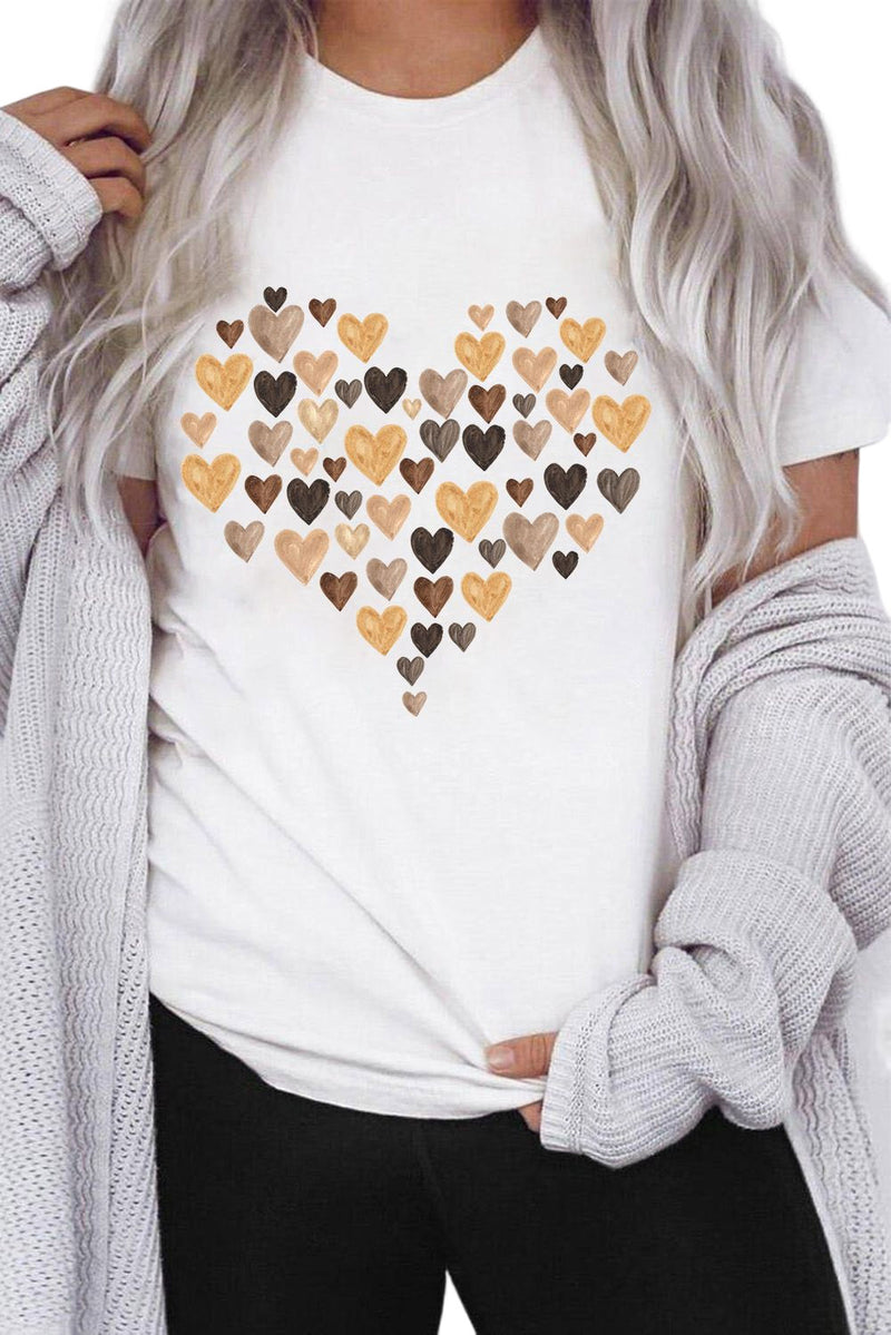 White Valentine's Day Heart Shaped Print Crew Neck Graphic Tee