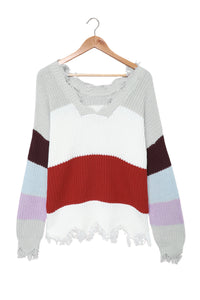 Gray Colorblock Distressed Sweater