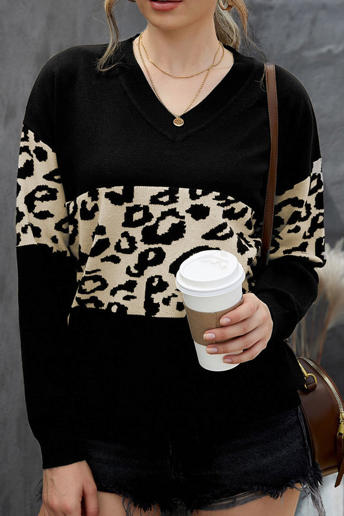 Black Leopard Colorblock V Neck Knit Sweater