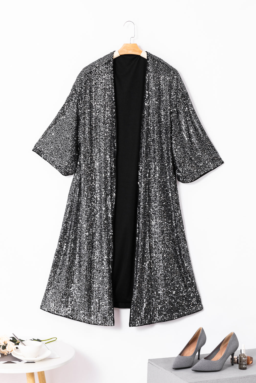 Silvery Sequin 3/4 Sleeve Kimono