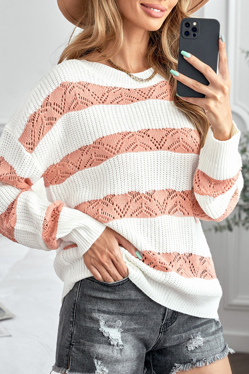 White Striped Colorblock Knit Sweater