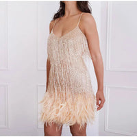 2023 New Sexy Tassel Sequins Feather Mini Dress Women Spaghetti Strap Stitching Dresses Female Elegant Evening Party Club Dress