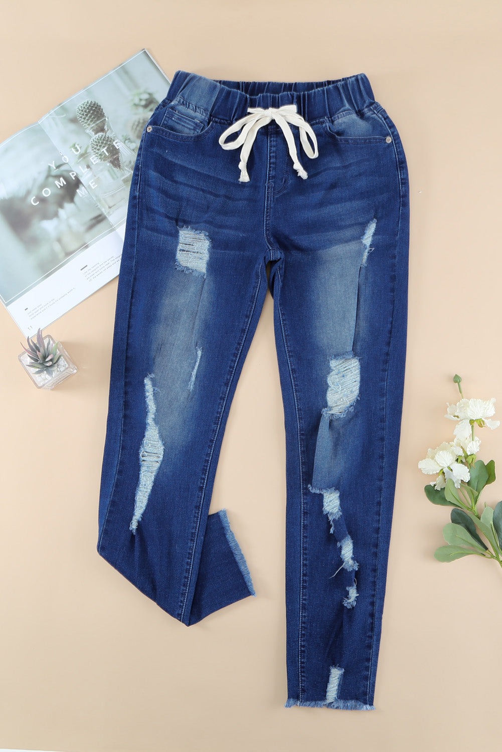 Blue Drawstring Elastic Waist Hole Ripped Jeans