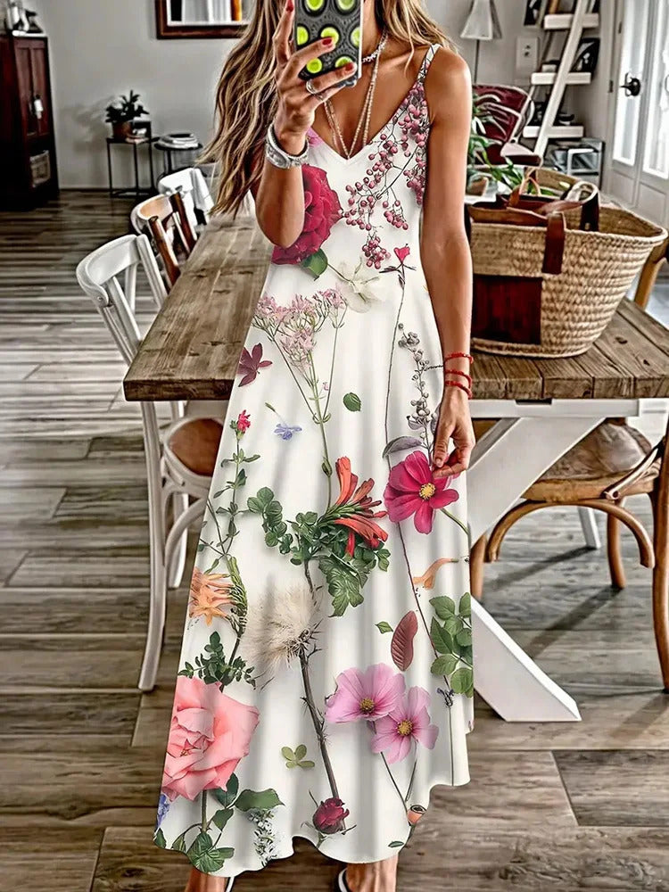 Hawaiian Vacation Travel Sexy V-neck Suspender Flower Dress Fresh Small Floral Street Fashion Sexy Party Dinner Evening Dress