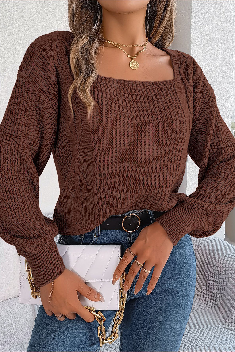 Coffee Cable Knit Mixed Textured Square Neck Sweater