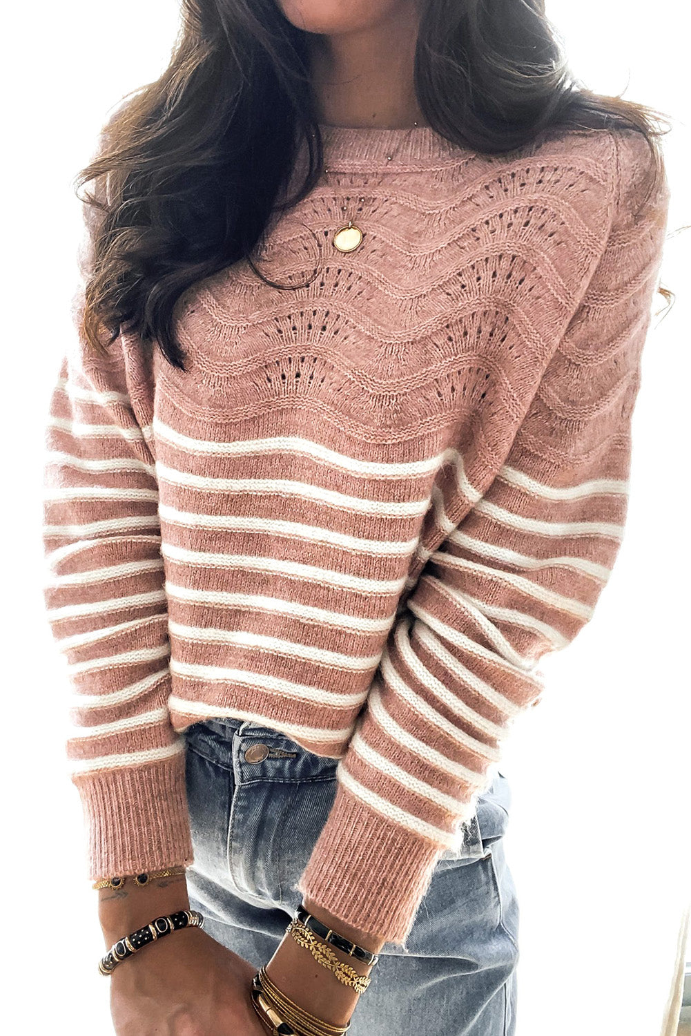 Pink Striped Textured Long Sleeve Knit Sweater