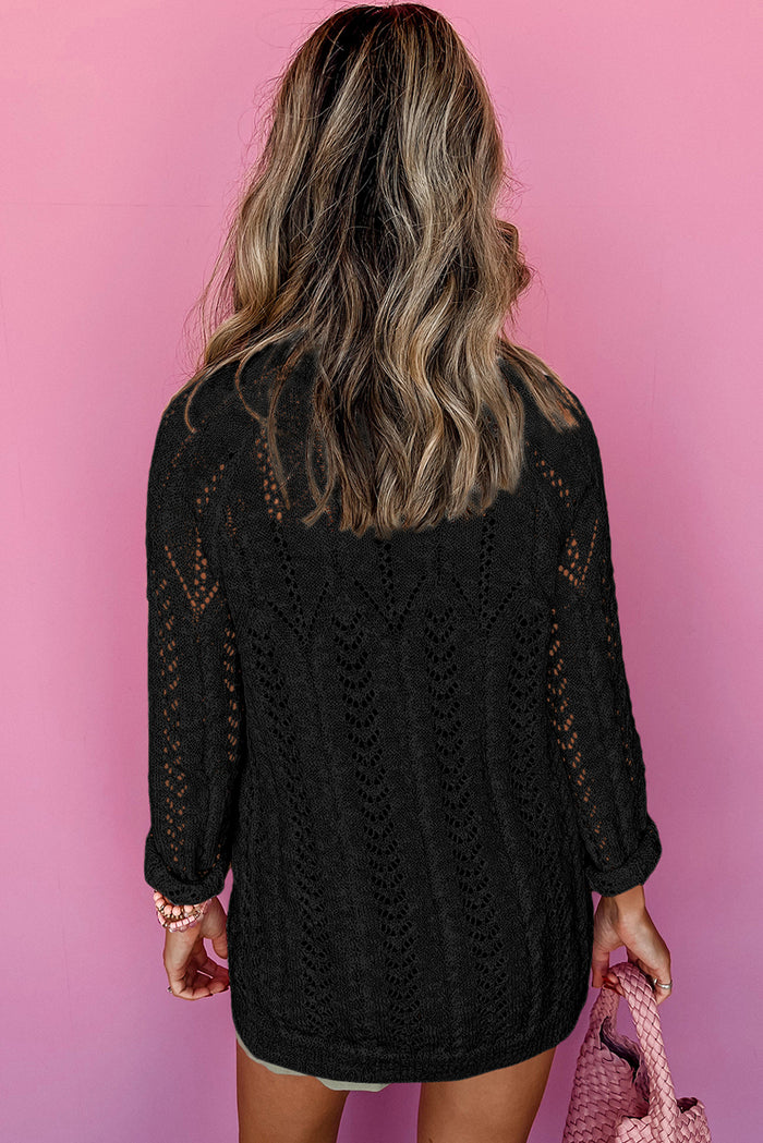 Black Solid Open Knit Cardigan