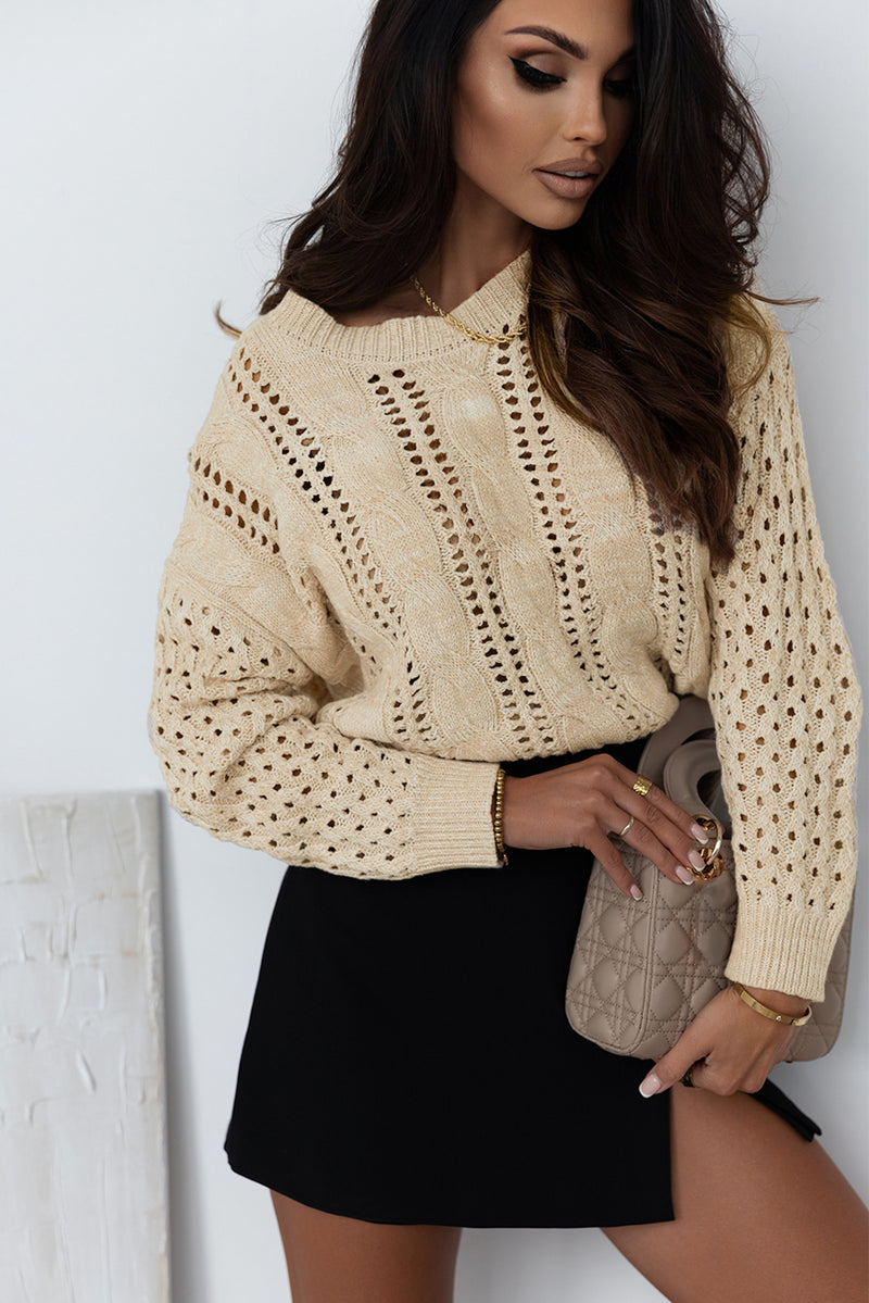 Khaki Eyelets Cable Knit Drop Shoulder Sweater