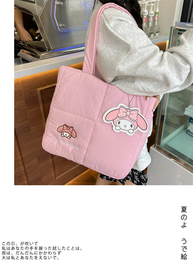 2024 New Sanrio Handbag Cartoon Cute Down Fabric Kuromi Tote Bag Shoulder Pacha Dog Cute Stationery Bag Large Capacity Handbag