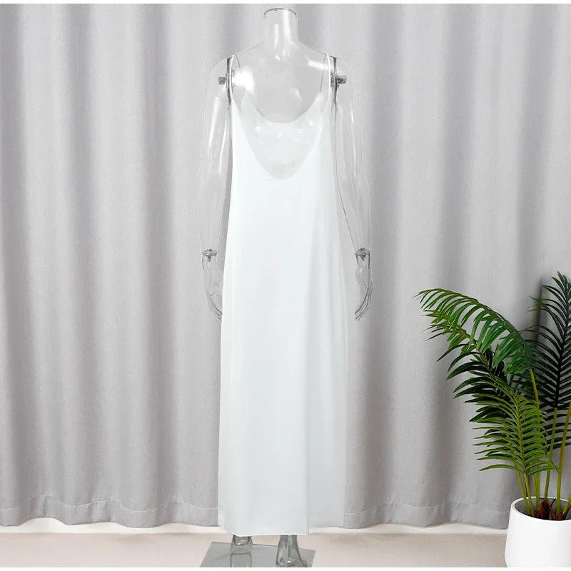 Elegant White V-neck Slit Maxi Dress For Women Fashion Backless Sleeveless Sling Dresses 2024 Summer Female Beach Vacation Robes