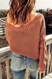 Brown Loose Fit Knit V Neck Cropped Sweater